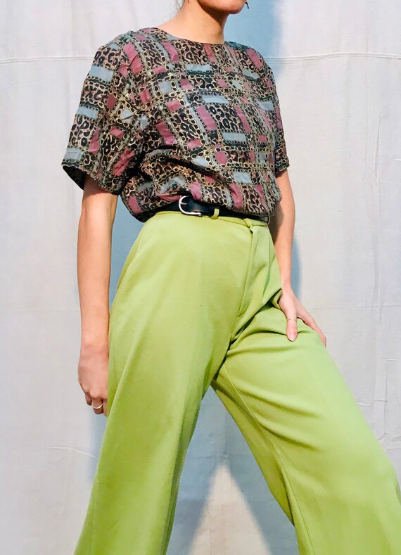 80s 90s Vintage Silk Patterned Blouse - Leopard -… - image 3