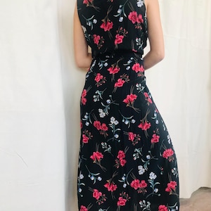 Vintage Black Floral Button Down Sleeveless Dress - Small - Medium Rayon Dress