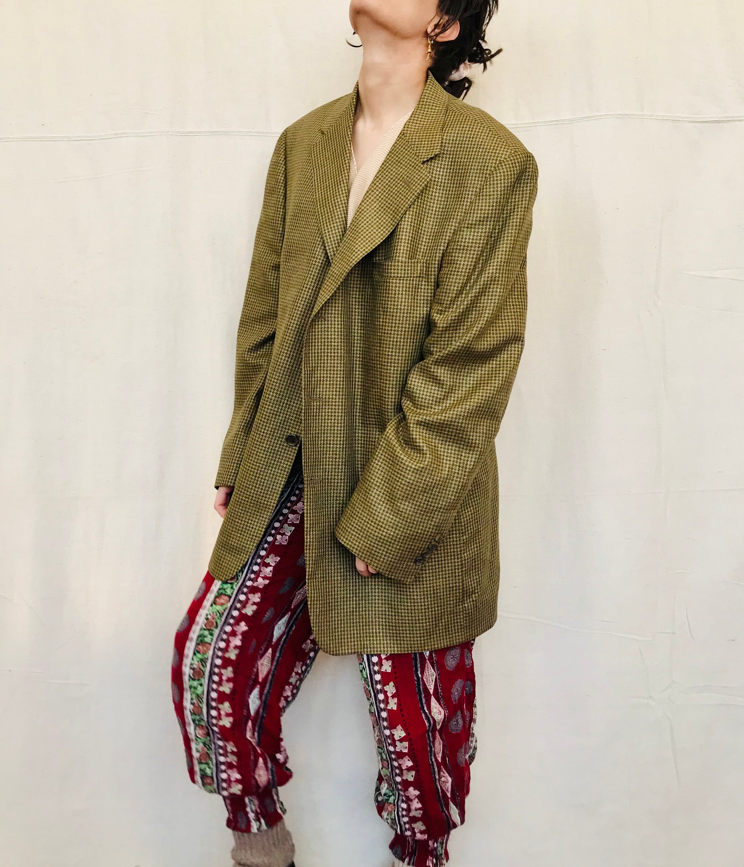 オリーブ色 ウール混合オーバーサイズジャケット 90年代ヴィンテージウールシルクブレザー：オーバーサイズオリーブ