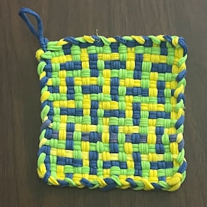 Handmade Loomed Potholder 5&quot; — Blue/Green/Yellow