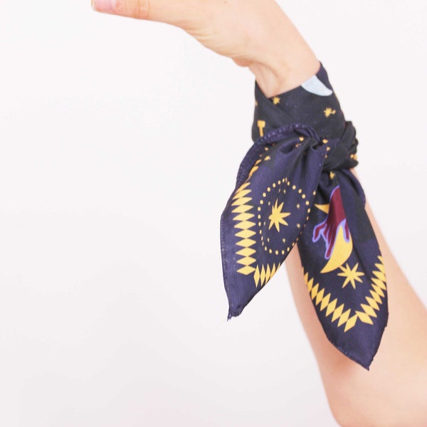 COSMIC Foulard Libra Carre de Soie Abstract Floral - Illustré à la main impression designer foulard coloré doux cadeau d'anniversaire fille