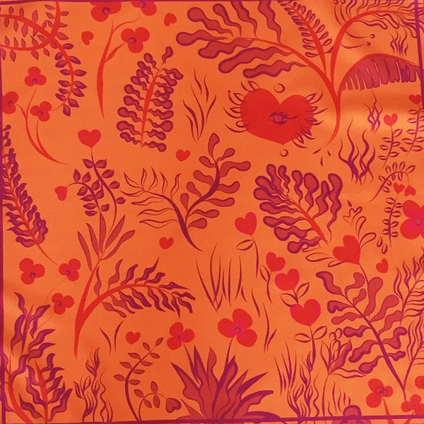 JUNGLE Echarpe en soie pleine de feuilles et de cœursIvy Carre de Soie Abstract Illustré à la main impression designer foulard coloré doux