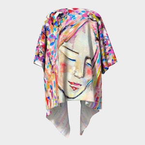 May include: A colorful abstract painting of a woman's face with closed eyes. The painting is on a white background and has a pink, blue, and yellow color scheme.