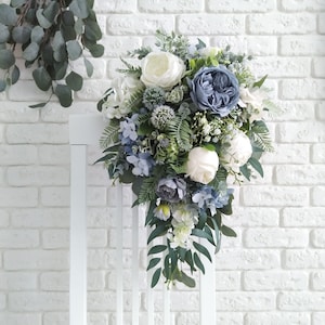 Dusty Blue Rose Cascading Bouquet: Ivory Peony Eucalyptus Bridal Bouquet