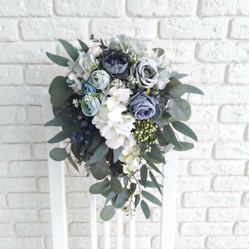 Dusty blue cascading bouquet Bridal eucalyptus cascading ...