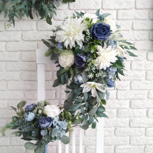 White dahlia cascading bouquet Dusty blue peony bouquet Blue cascading bouquet Greenery bouquet Dusty eucalyptus willow bouquet Boho bouquet