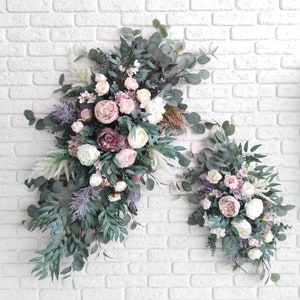 Mauve peony corner swag Eucalyptus wedding arch swag Puwdery arch swag Wedding silk flowers swag Greenery faux garland Wedding archway swag