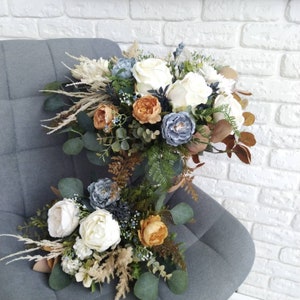 Rust ivory roses bouquet Dusty blue peach peony bouquet Boho dusty orange bouquet Eucalyptus bouquet Fall faux bouquet Alternative bouquet