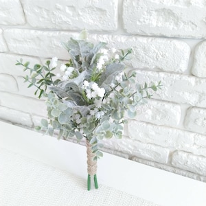 Eucalyptus Wedding Bouquet Set: Lamb&#39;s Ear, Baby&#39;s Breath, Hair Comb, Boutonniere