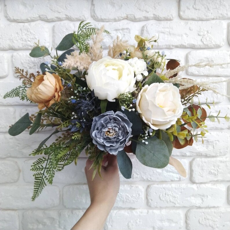Rust Ivory Roses Bouquet Dusty Blue Peach Peony Bouquet Boho - Etsy