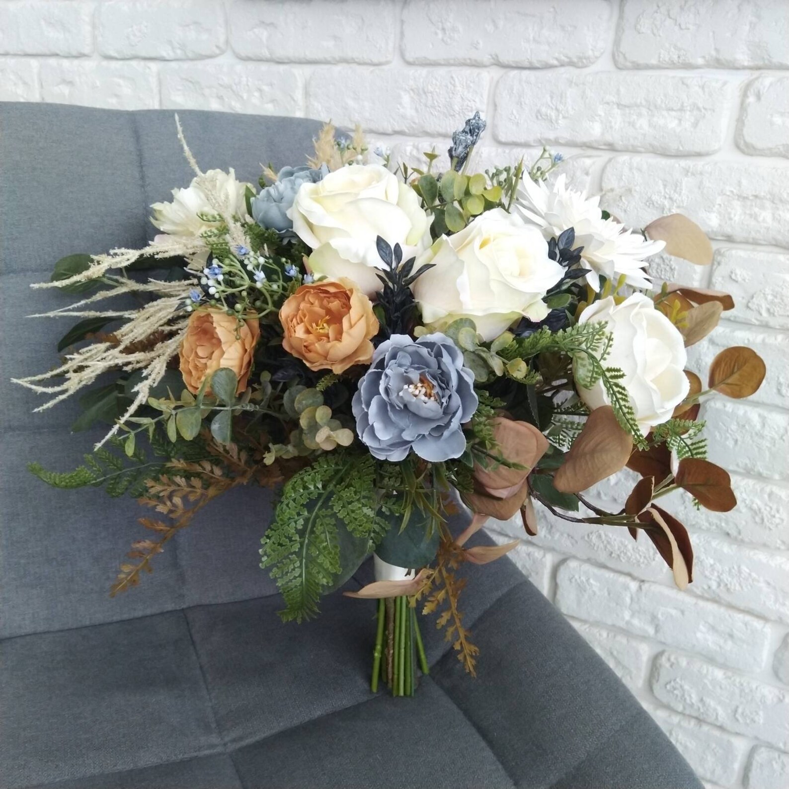 Rust Ivory Roses Bouquet Dusty Blue Peach Peony Bouquet Boho - Etsy