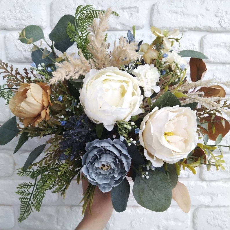 Rust Ivory Roses Bouquet Dusty Blue Peach Peony Bouquet Boho - Etsy