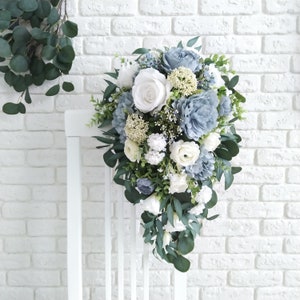 Dusty blue and white bridal eucalyptus cascading bouquet Wedding silk flowers bouquet Light blue peony wedding bouquet greenery faux bouquet