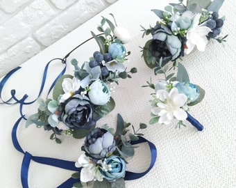 Dusty blue peony and eucalyptus crown Navy blue flower crown Bridesmaid crown Bridal flower crown Greenery hair comb Boutonniere Wedding set