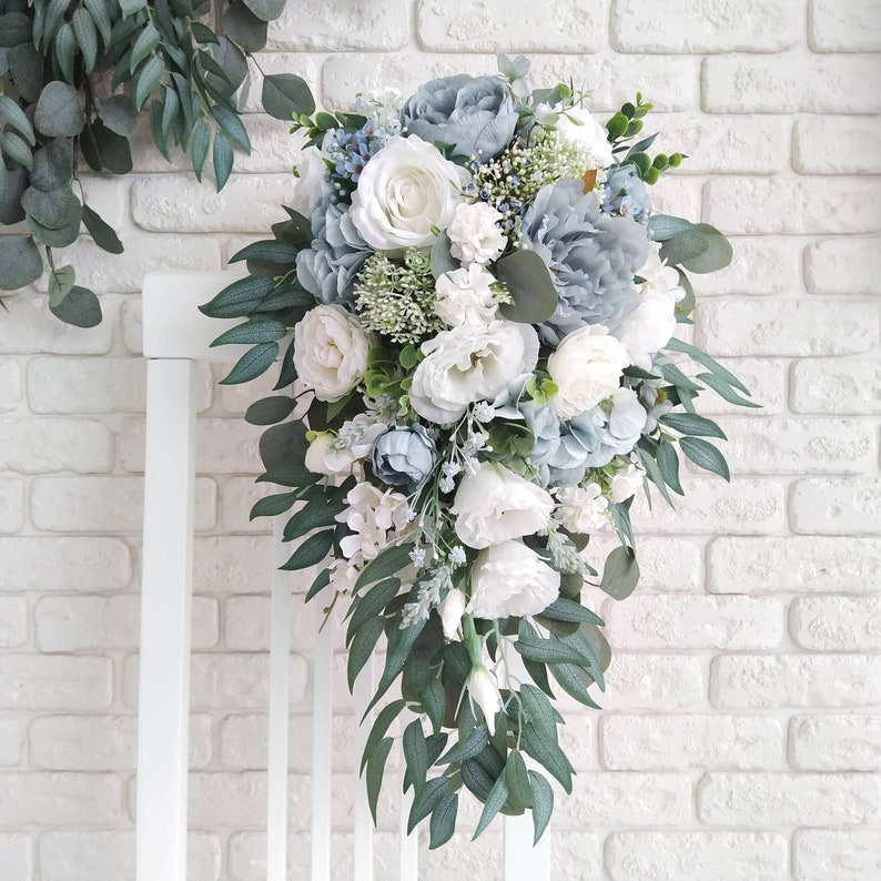 Dusty Blue and White Bridal Eucalyptus Cascading Bouquet Etsy UK