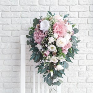 Dusty Rose Cascading Wedding Bouquet: Silk Peony Eucalyptus Bridal Flowers