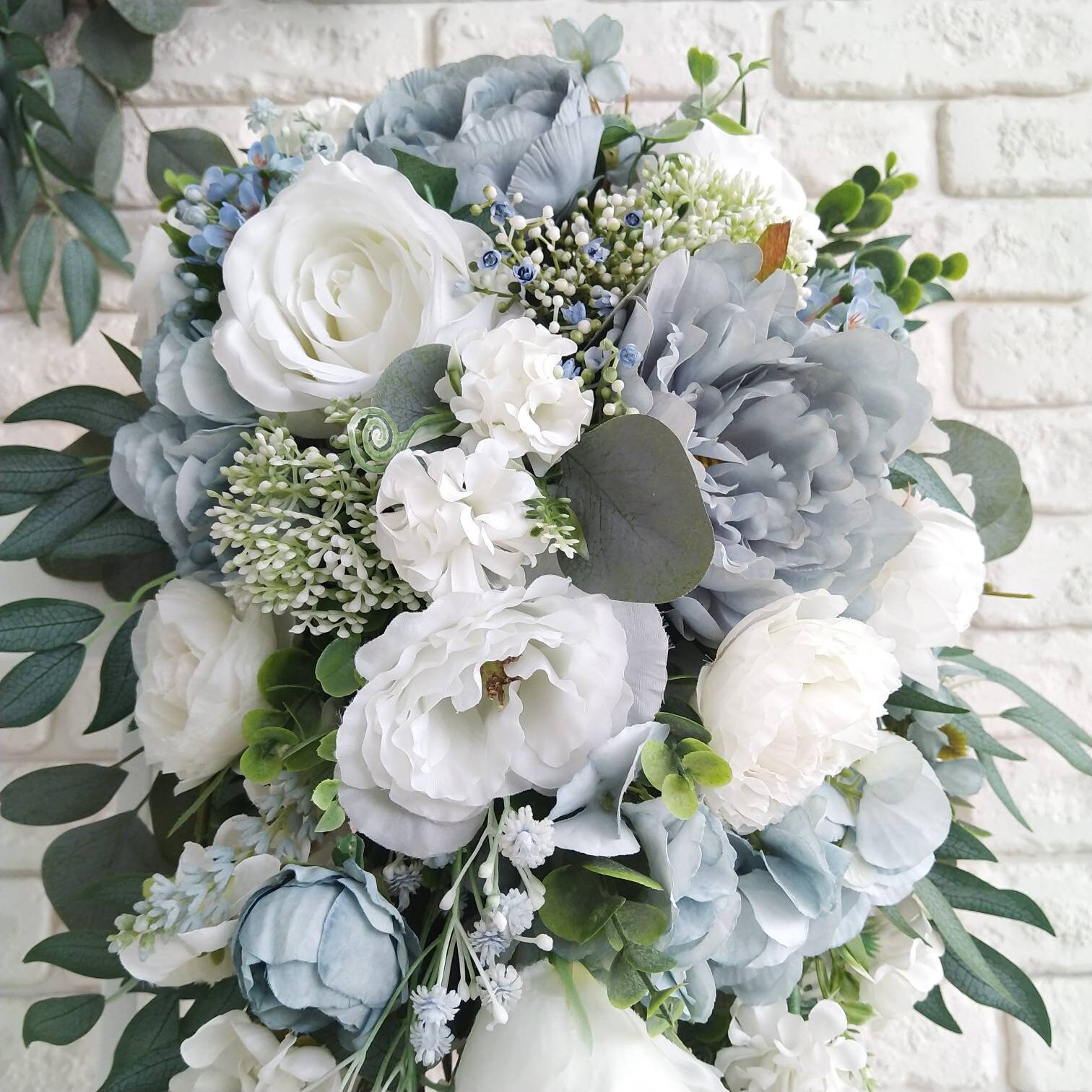 Dusty Blue and White Bridal Eucalyptus Cascading Bouquet Etsy UK