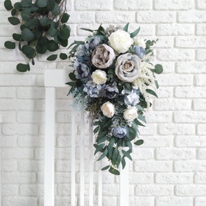 Dusty blue cascading bouquet Bridal eucalyptus willow bouquet Ivory gray peony cascading bouquet Bridesmaid blue bouquet Faux bridal bouquet