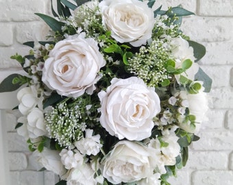 Ivory Roses & Baby's Breath Bridal Bouquet – Bunches Direct USA