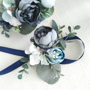 Navy Blue Flower Wrist Corsage: Bohemian Wedding Bracelet