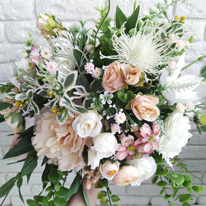Peach white bridal bouquet Wild flower bouquet Peony bride/'s bouquet Peach peony bouquet Spring summer wild greenery bouquet Rustic wedding
