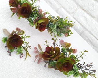 Succulent crown  Floral crown Burgundy flower crown Succulent hair comb Boutonniere Bridal crown Wedding crown Flower girl crown Adult crown