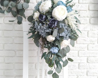 Dusty blue cascading bouquet Bridal eucalyptus cascading bouquet Navy blue bridal bouquet Wedding silk flowers bouquet Greenery faux bouquet