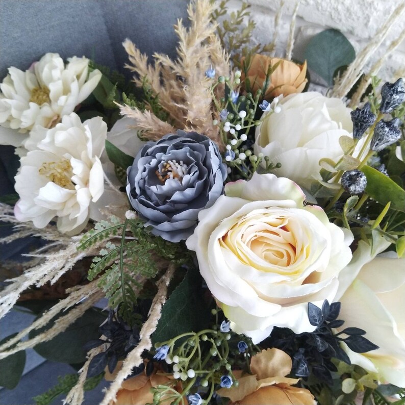 Rust Ivory Roses Bouquet Dusty Blue Peach Peony Bouquet Boho - Etsy