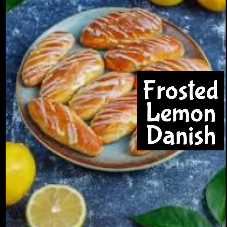 May include: A plate of frosted lemon Danish pastries. The pastries are arranged in a circle on a blue and brown plate. The pastries are topped with a white frosting and have a yellow glaze.