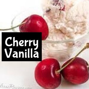 May include: A bowl of vanilla ice cream topped with red cherries. The text "Cherry Vanilla" is displayed on a black background.