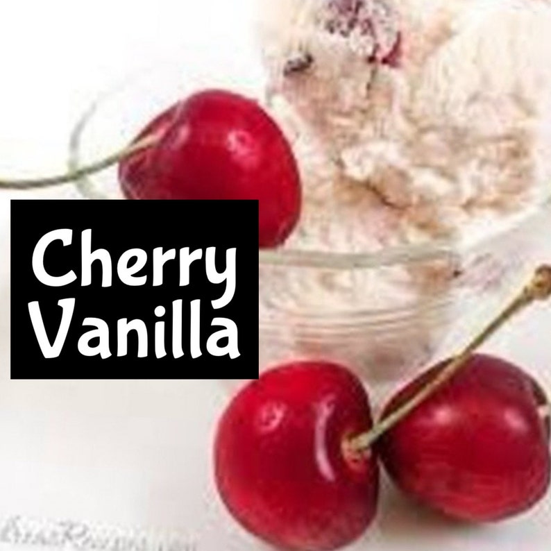 May include: A bowl of vanilla ice cream topped with red cherries. The text "Cherry Vanilla" is displayed on a black background.