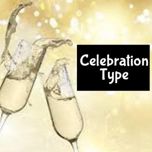 Puede incluir: Dos copas de champán chocando, con un fondo dorado brillante. El texto "Celebration Type" se muestra en un cuadro negro.