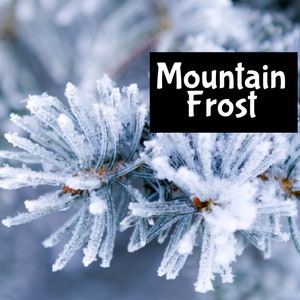 May include: Close-up of a pine tree branch covered in frost. The branch is a deep green color and the frost is a light blue color. The text "Mountain Frost" is written in white letters on a black background.