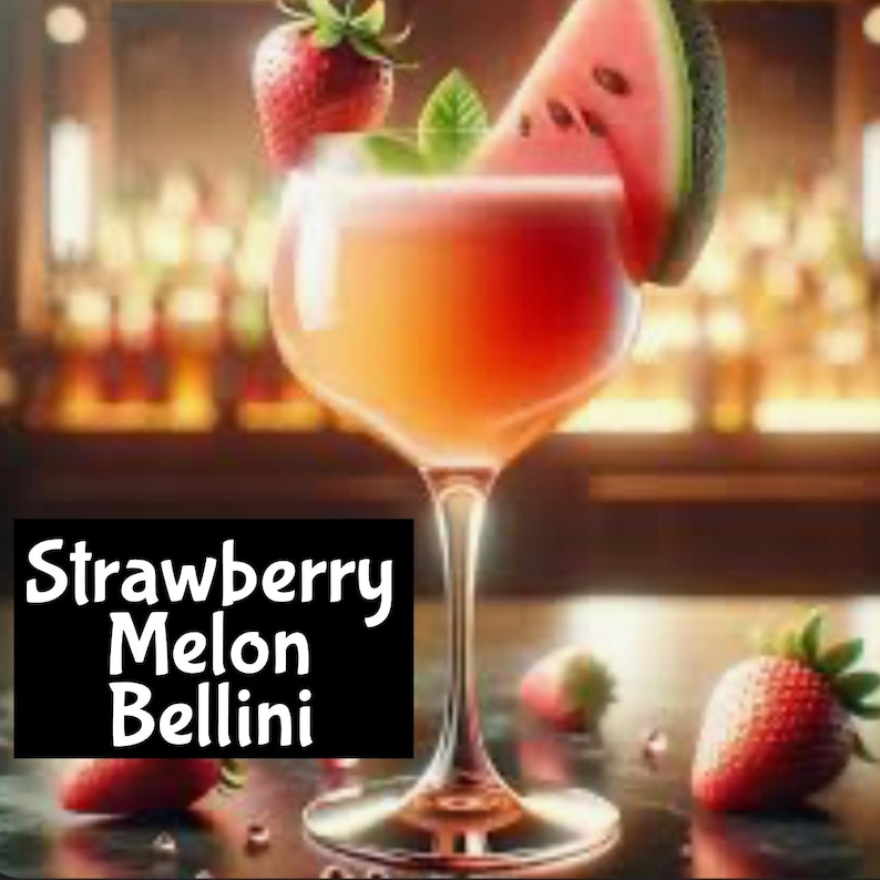May include: A pink strawberry melon Bellini cocktail in a stemmed glass with a slice of watermelon and strawberries on the bar.