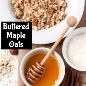 May include: A bowl of Buttered Maple Oats with a white bowl of yogurt and a bowl of honey with a honey dipper.