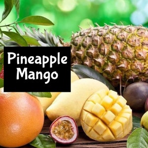 May include: A close-up of a variety of tropical fruits, including a pineapple, mango, passion fruit, grapefruit, and a black passion fruit. The text "Pineapple Mango" is visible in the image.