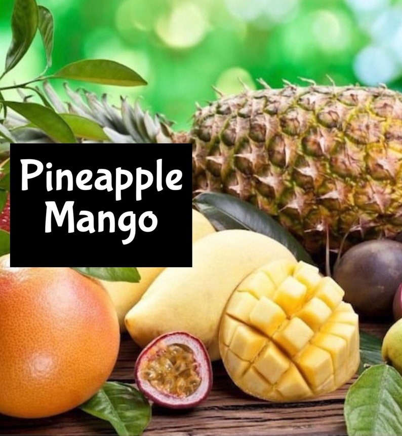 May include: A close-up of a variety of tropical fruits, including a pineapple, mango, passion fruit, grapefruit, and a black passion fruit. The text "Pineapple Mango" is visible in the image.