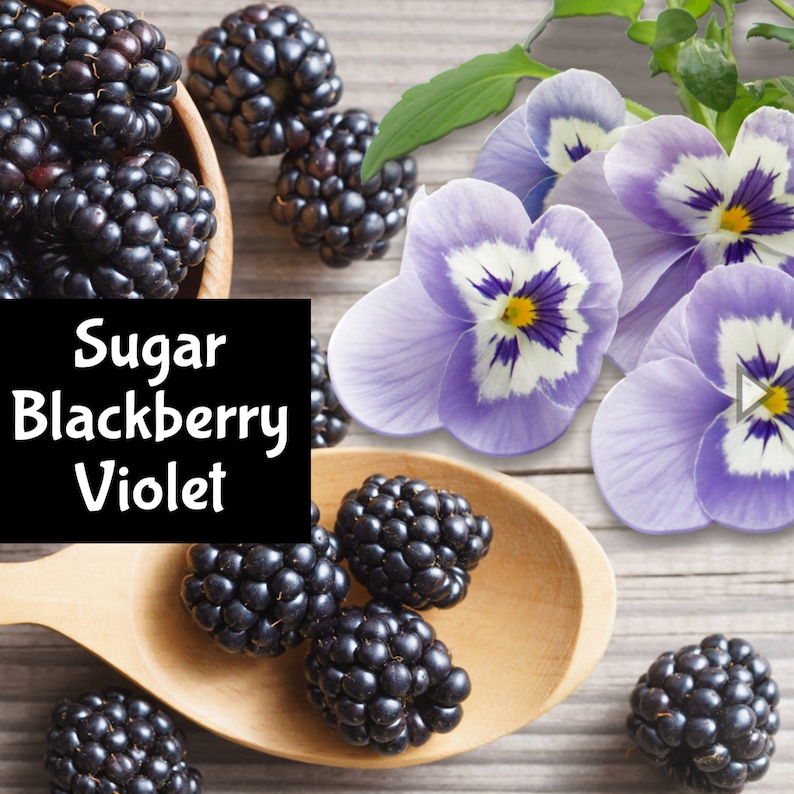 Puede incluir: Una cuchara de madera llena de moras, con el texto "Sugar Blackberry Violet" sobre un fondo negro.  Pensamientos morados y blancos est&aacute;n en el fondo.