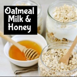May include: A close-up of a bowl of honey with a wooden honey dipper, a bowl of oatmeal, and a glass jar with layers of oatmeal, yogurt, and honey. The text "Oatmeal Milk & Honey" is written in white letters on a black background.