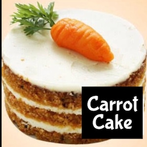 May include: A three-layer carrot cake with white frosting and a small orange carrot on top. The cake is labeled "Carrot Cake".