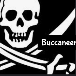 May include: A black and white pirate flag with a skull and crossbones and the word "Buccaneer" in white text.