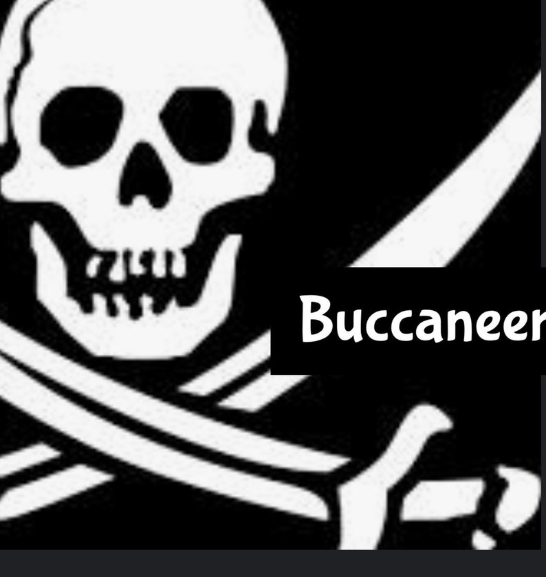 May include: A black and white pirate flag with a skull and crossbones and the word "Buccaneer" in white text.