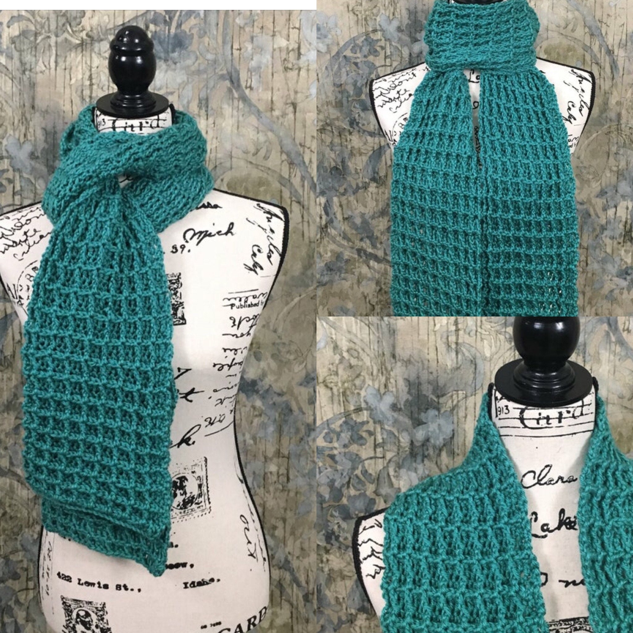 DARKENED SEAGLASS  Men's Women's Unisex Handmade Crochet Reversable Textured  Scarf Wrap Teal Gray Green Faded New Warm