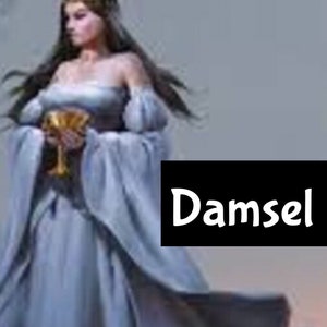 K&ouml;nnte beinhalten: Eine Frau in einem langen, flie&szlig;enden wei&szlig;en Kleid h&auml;lt einen goldenen Kelch. Das Wort "Damsel" ist in wei&szlig;en Buchstaben auf schwarzem Hintergrund geschrieben.
