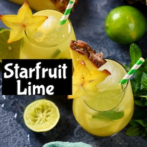 May include: Two glasses of yellow starfruit and lime juice with starfruit slices, pineapple chunks, and mint leaves as garnish. The text "Starfruit Lime" is displayed on a black background.