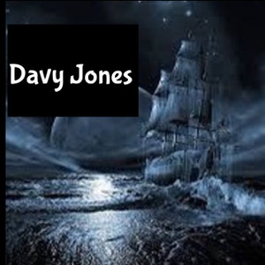May include: A ghostly ship sails through a dark and stormy sea. The ship is covered in ice and snow, and the waves are crashing against its hull. The text "Davy Jones" is written in white letters on a black background.