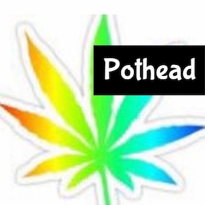 May include: A cannabis leaf sticker with a rainbow gradient of colors. The leaf is outlined in white and has the word "Pothead" in white text on a black rectangle.