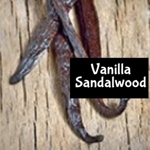 May include: Close-up of dried vanilla beans with a black label that reads "Vanilla Sandalwood".