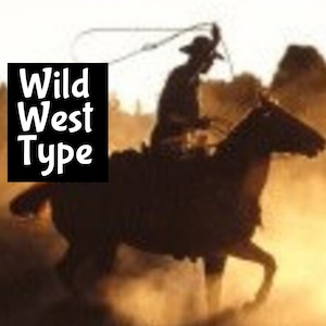 May include: A silhouette of a cowboy riding a horse through a dusty field. The cowboy is wearing a hat and holding a lasso. The text "Wild West Type" is in the foreground.