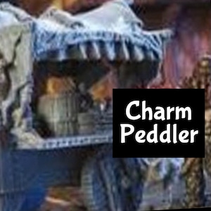 Pode incluir: Um vendedor de amuletos azul e branco com uma variedade de amuletos e bugigangas em exposição. A placa diz "Charm Peddler".